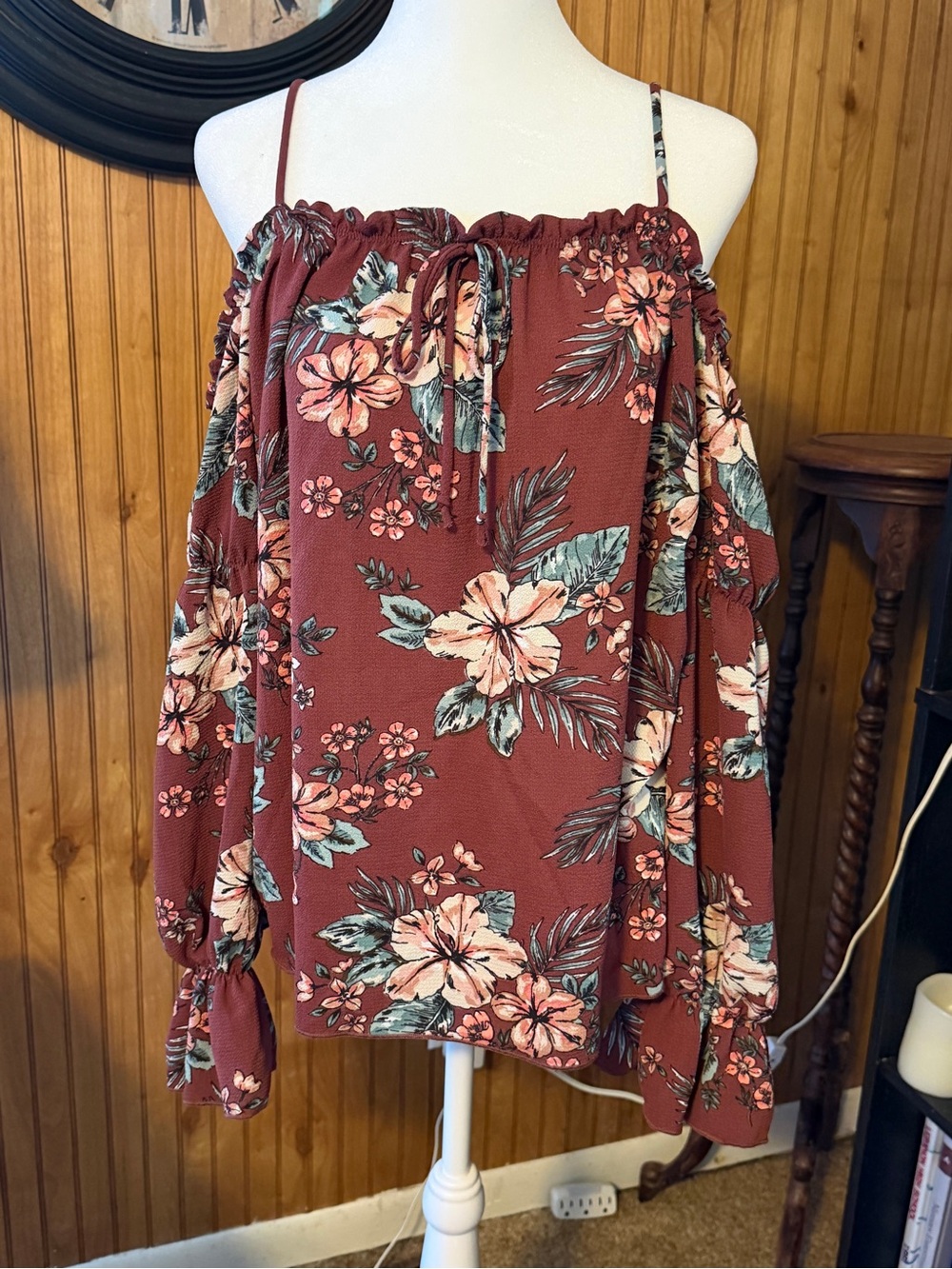Free Kisses Rust Floral Cold-Shoulder Blouse